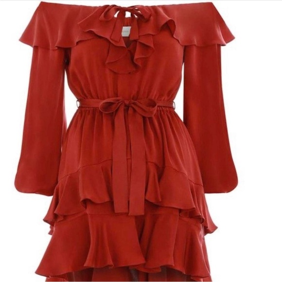 Zimmermann Dresses & Skirts - Zimmermann Red Off the Shoulder Bishop Sleeve Mini Dress Ruffle Size Large